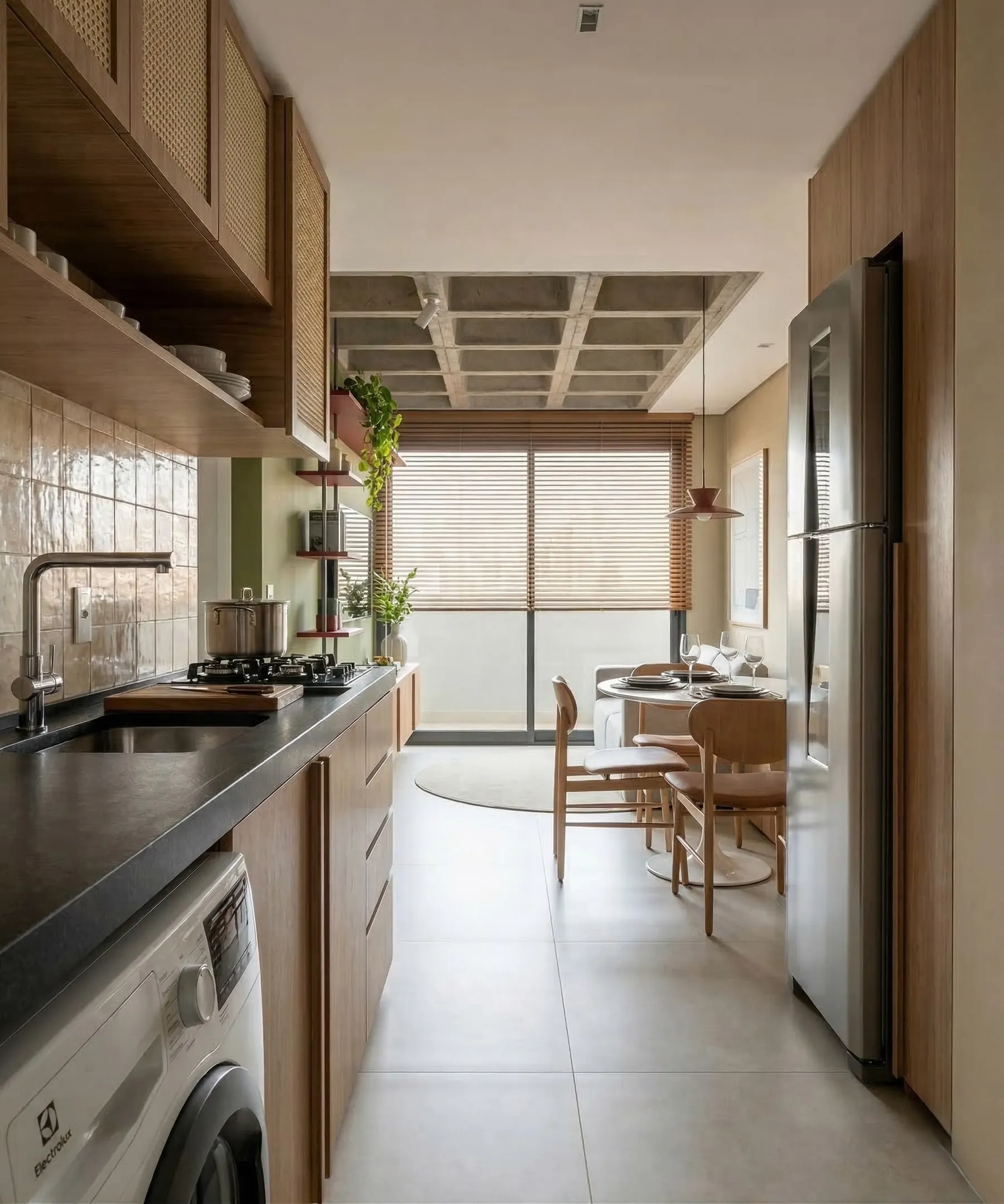 Cozinha em corredor com marcenaria de madeira, aberta para a sala