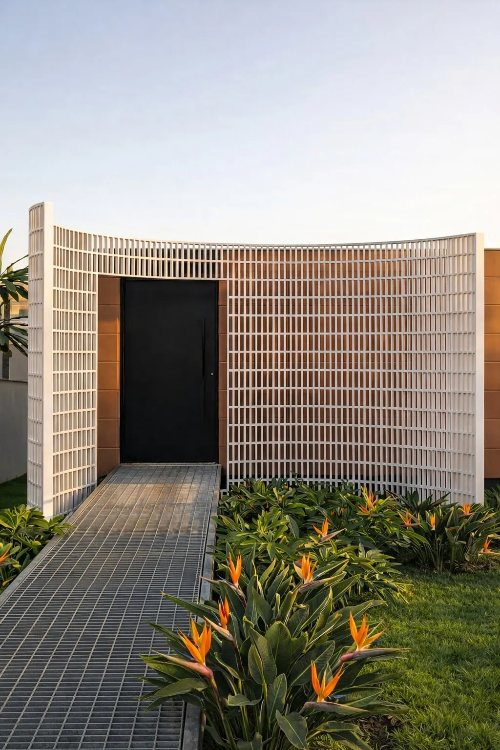 Entrada curva em cobogó, com caminho de piso drenante e jardim tropical