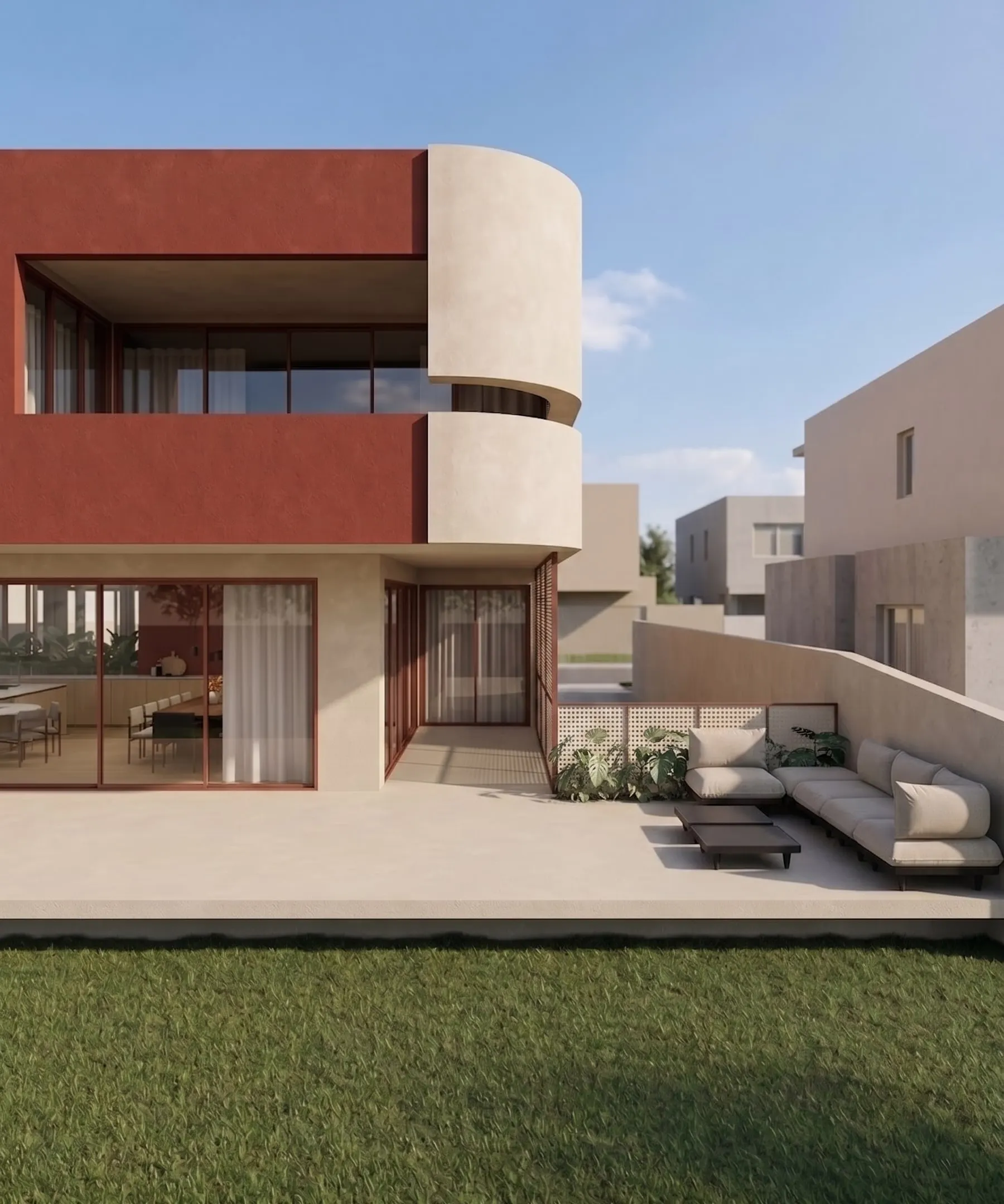 Fundos da casa: terraço, varanda curva e jardim