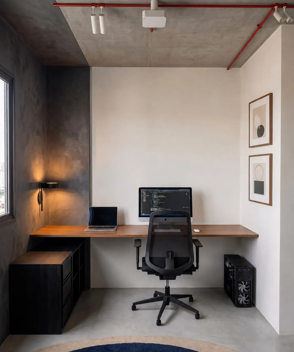 Home office com bancada de madeira e luminária de parede