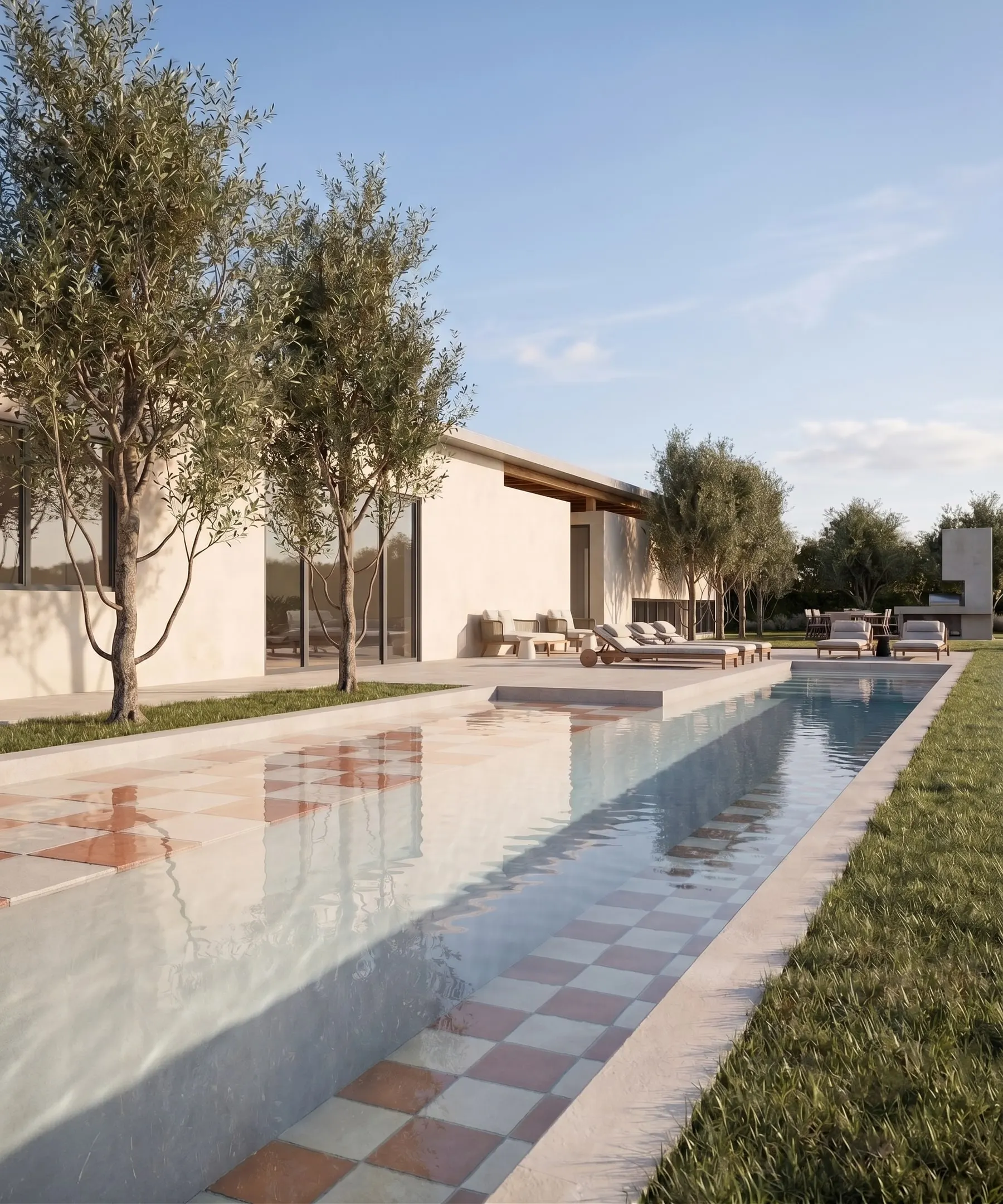 Piscina longa com fundo quadriculado de lajotas