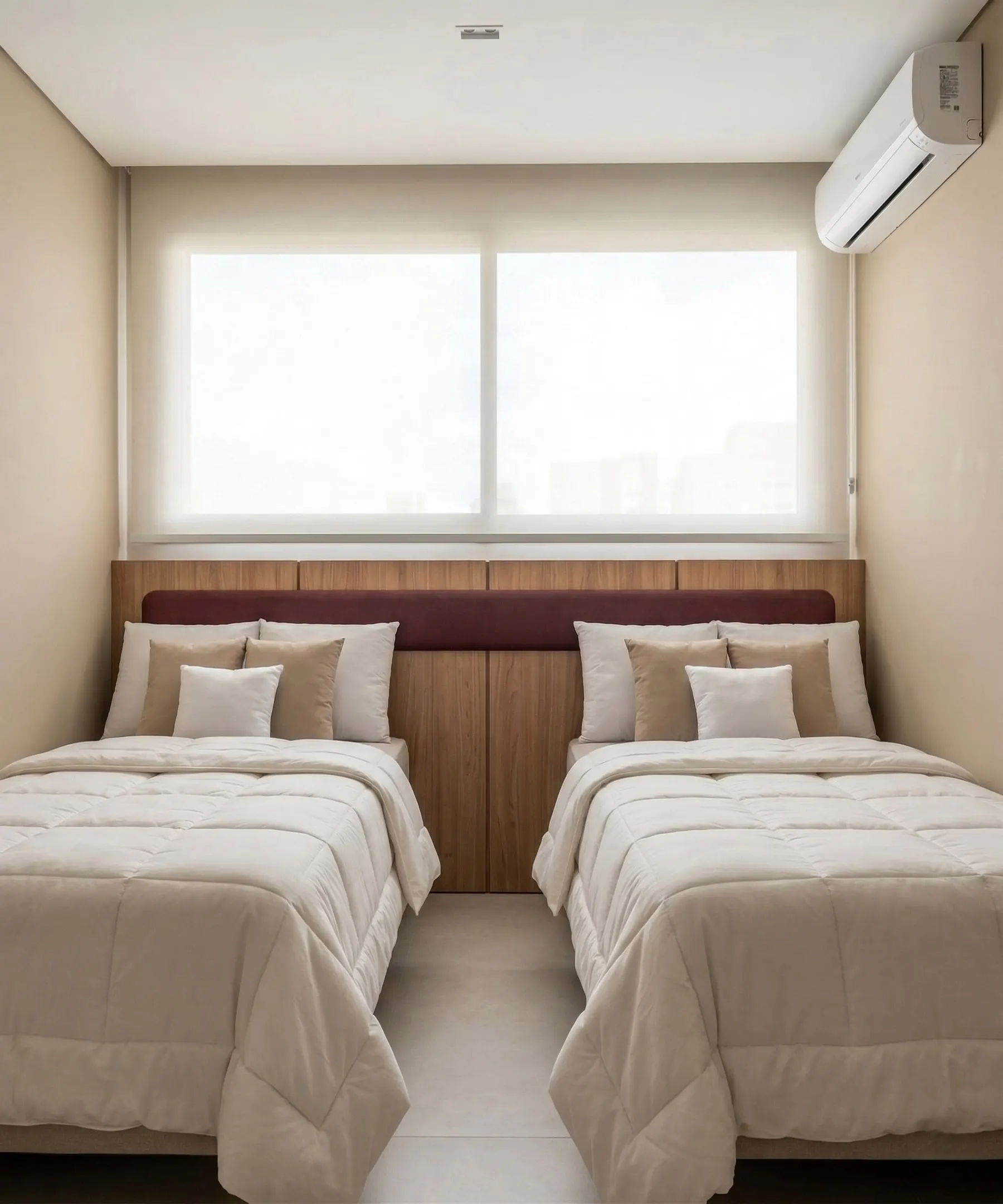 Quarto com duas camas de solteiro e cabeceira bordô