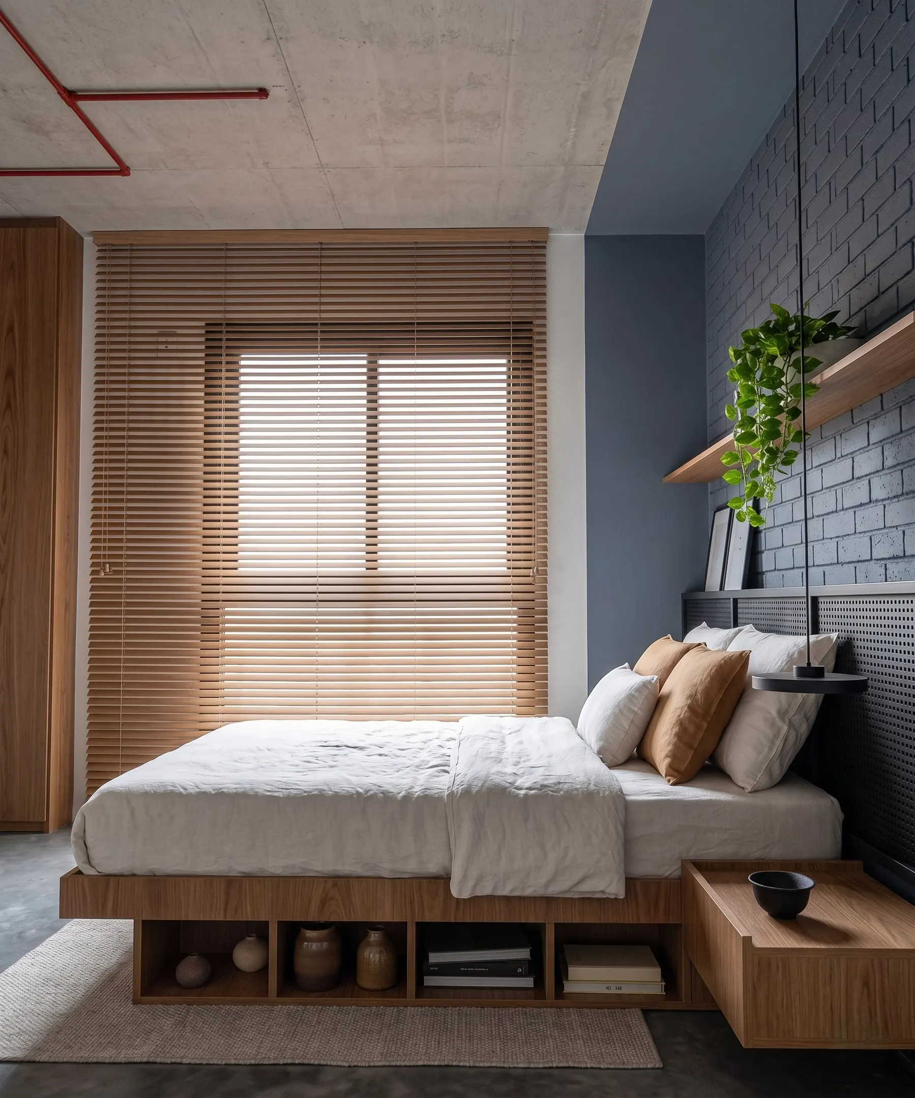 Quarto com cama baixa em madeira, persiana e tijolos azuis