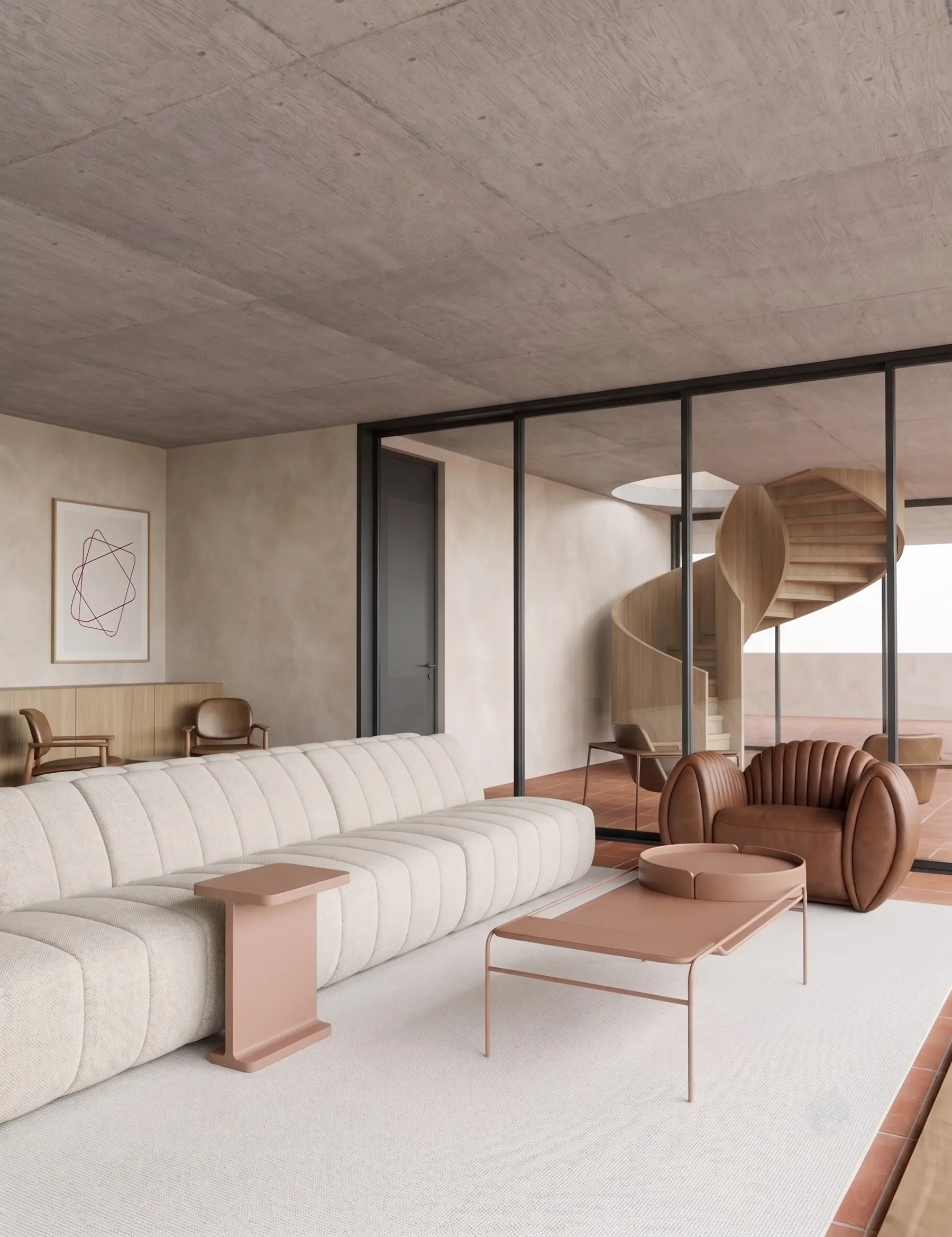 Sala com concreto aparente, sofá claro e a escada helicoidal ao fundo