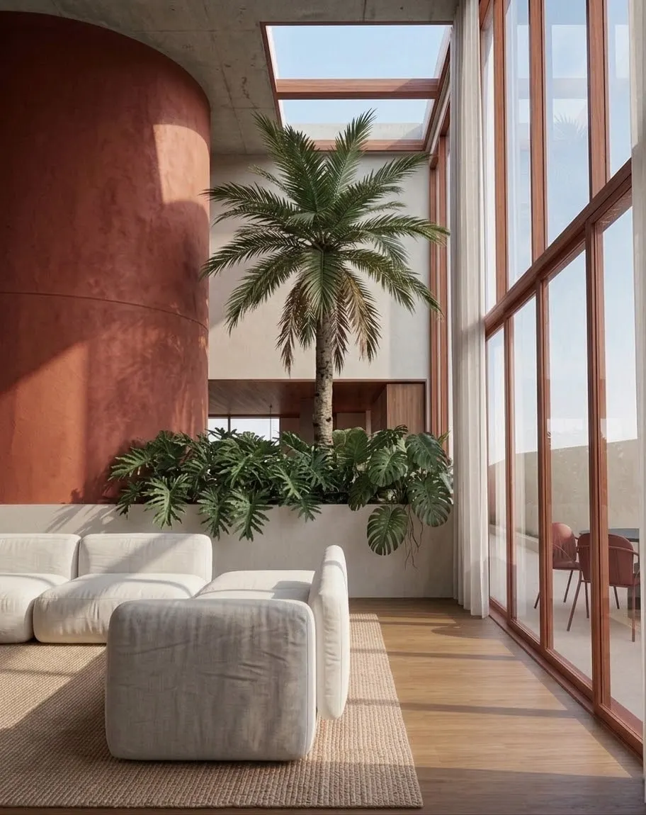 Sala de estar voltada ao jardim interno, com palmeira e grandes planos de vidro