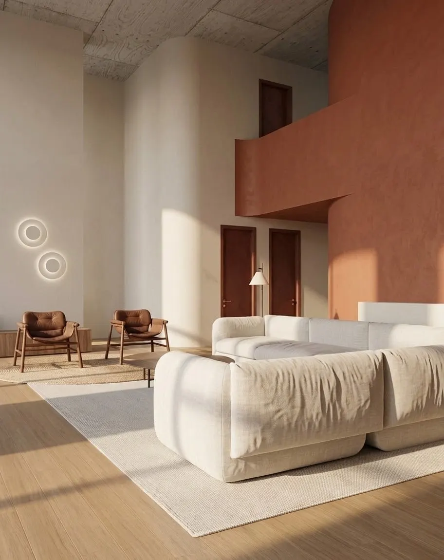 Sala de estar com pé-direito duplo e o volume vermelho do pavimento superior